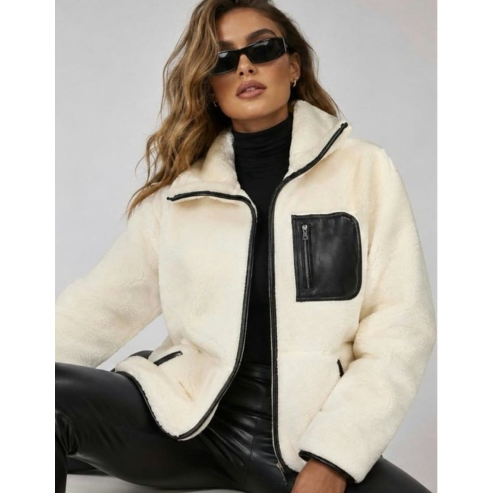 SPANX Fleece Sherpa Full Zip Jacket Frosted Ivory Black sz Small NWT $198